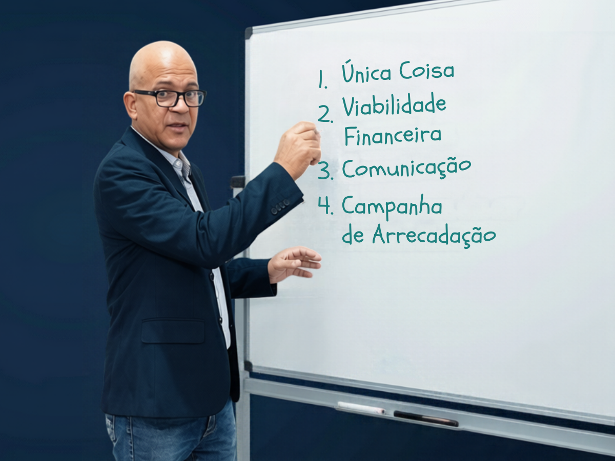 Ozias Ferreira preenchendo o quadro com as quatro etapas de captação e sustentabilidade